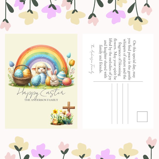 Easter Animals Rainbow Bunny Family Name Lamb Holiday Postcard (Creator Uploaded)