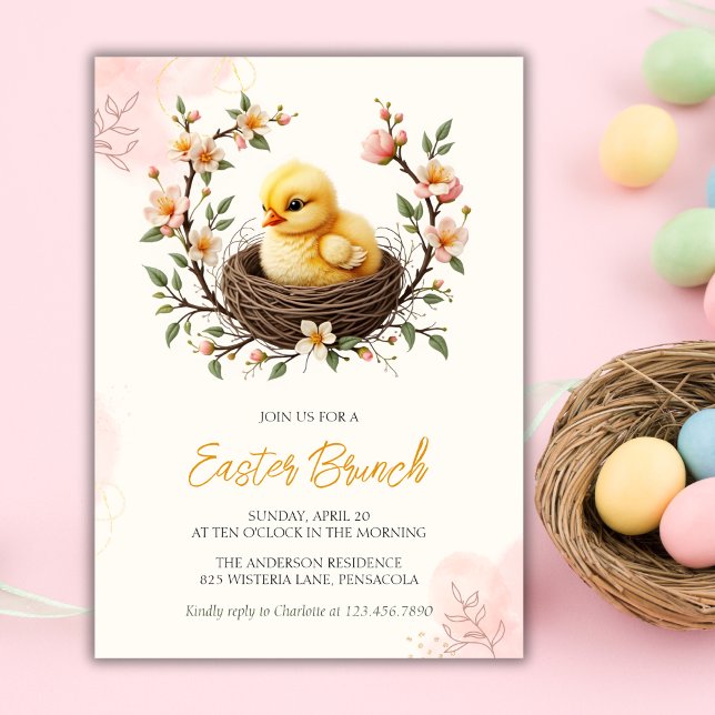Easter Baby Chick Yellow Pink Floral Wreath Brunch Invitation (Easter Baby Chick Yellow Pink Floral Wreath Brunch Invitation)
