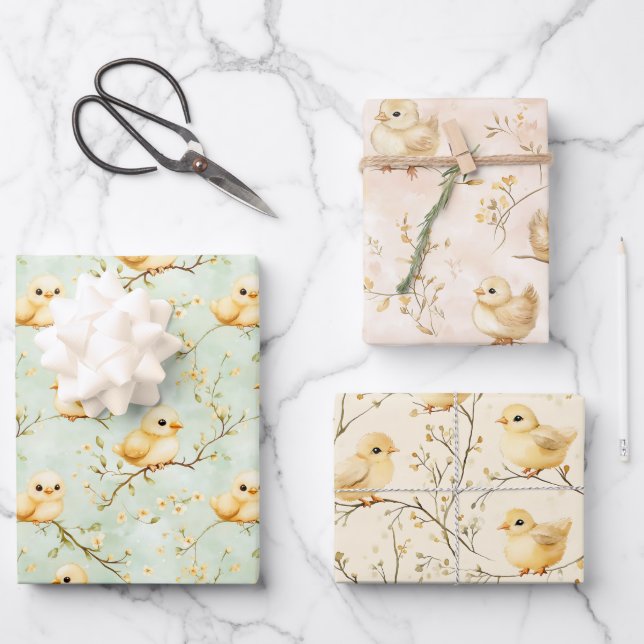 Easter Baby Chicks & Pastel Spring Blossoms  Wrapping Paper Sheets (Front)