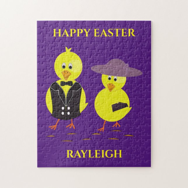 Easter baby chicks puzzle with personalized name. (Vertical)