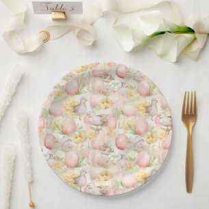 easter background with eggs, flowers and birds paper plates
