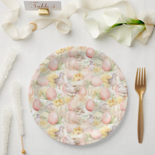 easter background with eggs, flowers and birds paper plates (Wedding)
