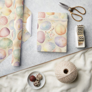 easter background with spring flowers, colored egg wrapping paper
