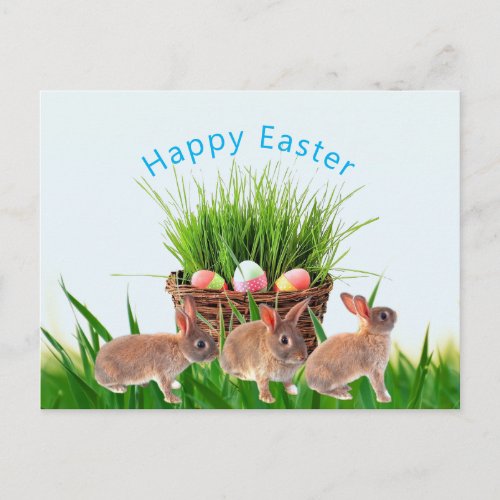 Easter Basket and Rabbits Happy Holiday Postcard