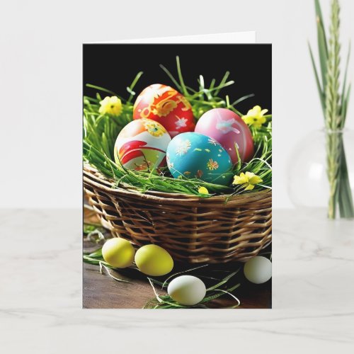 Easter Basket Colorful Eggs and Flowers Holiday Card