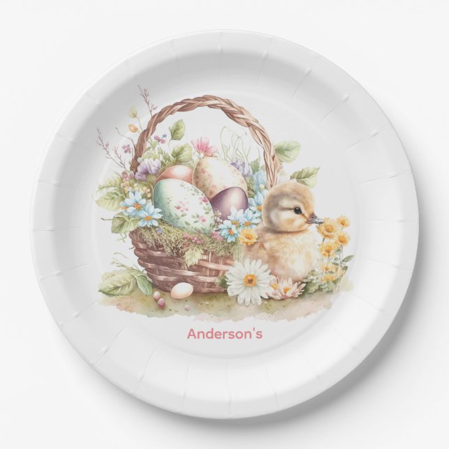 Easter Basket & Duckling Personalized Paper Plates (Front)