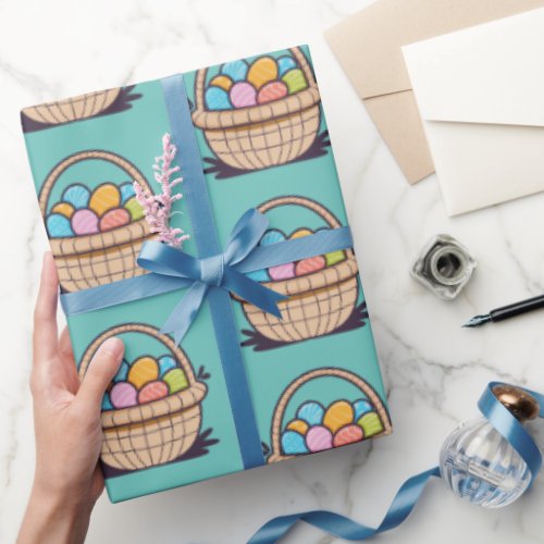 Easter Basket Easter Eggs Patterned Teal Wrapping Paper