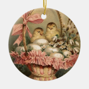 Easter Basket Egg Chick Pink Bow Ceramic Ornament