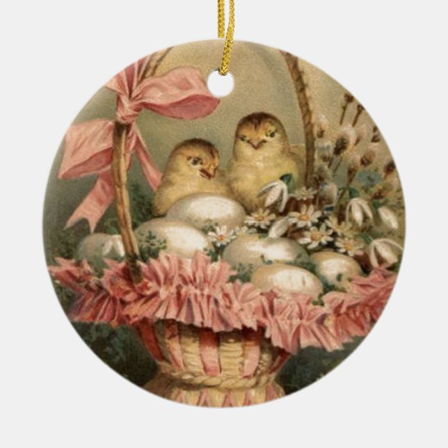 Easter Basket Egg Chick Pink Bow Ceramic Ornament (Front)