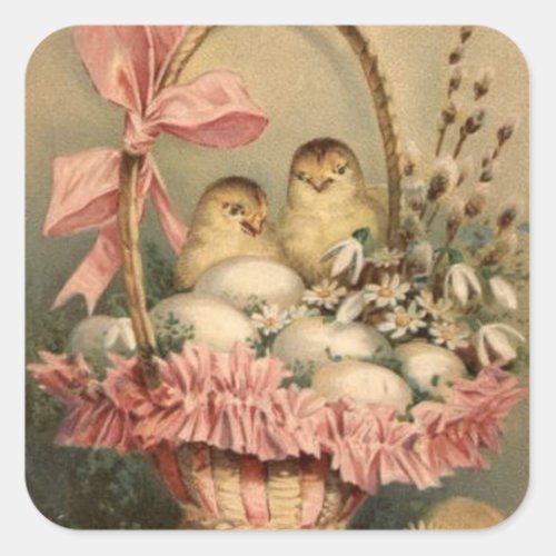 Easter Basket Egg Chick Pink Bow Forget Me Not Square Sticker