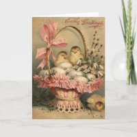 Easter Basket Egg Chick Pink Bow Holiday Card