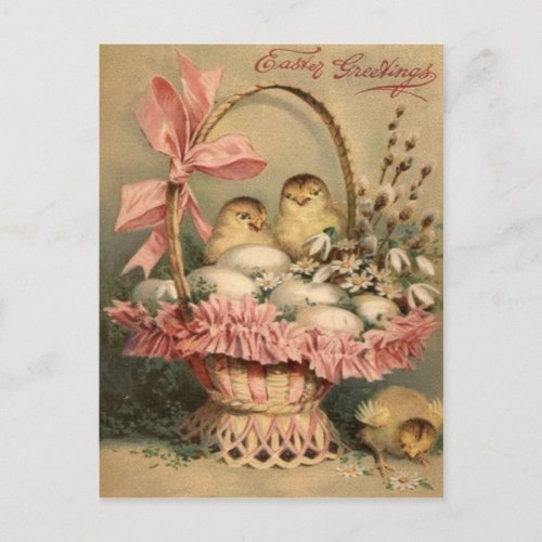 Easter Basket Egg Chick Pink Bow Holiday Postcard