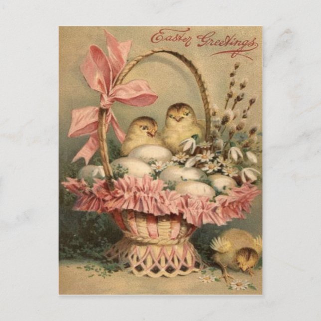 Easter Basket Egg Chick Pink Bow Holiday Postcard (Front)