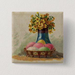 Easter Basket Eggs Flowers Antique Button