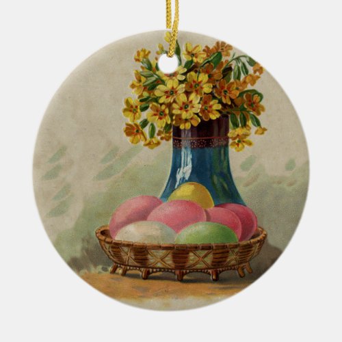 Easter Basket Eggs Flowers Antique Ceramic Ornament