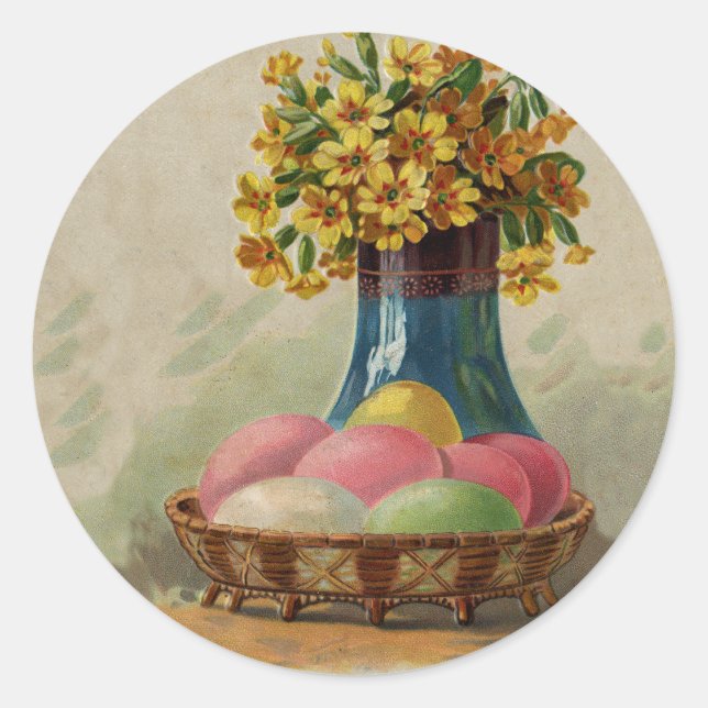 Easter Basket Eggs Flowers Antique Classic Round Sticker (Front)