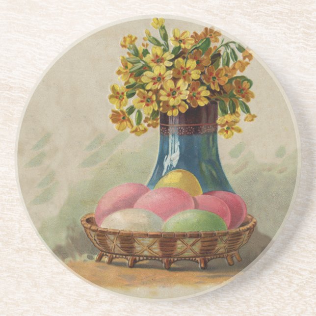 Easter Basket Eggs Flowers Antique Drink Coaster (Front)