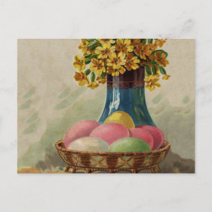 Easter Basket Eggs Flowers Antique Holiday Postcard