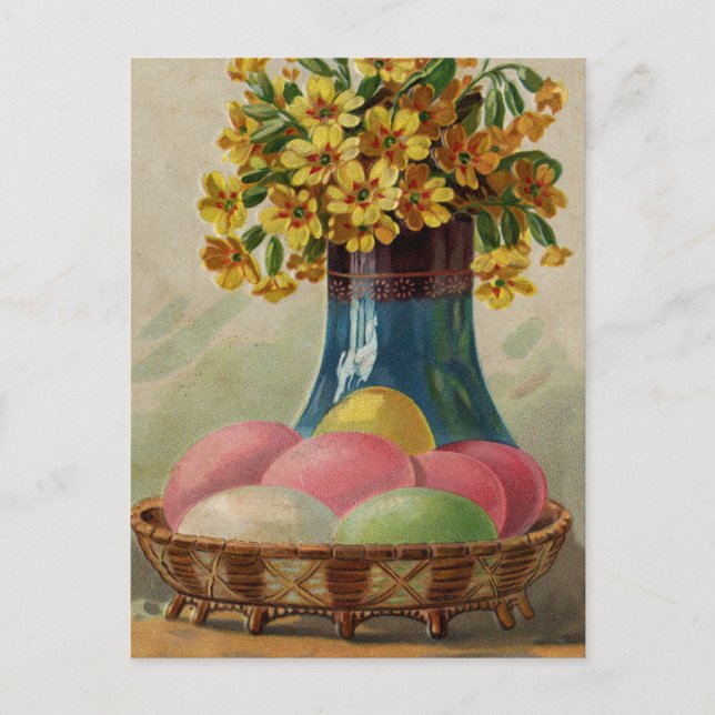 Easter Basket Eggs Flowers Antique Holiday Postcard (Front)