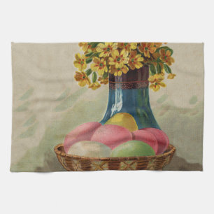 Easter Basket Eggs Flowers Antique Kitchen Towel