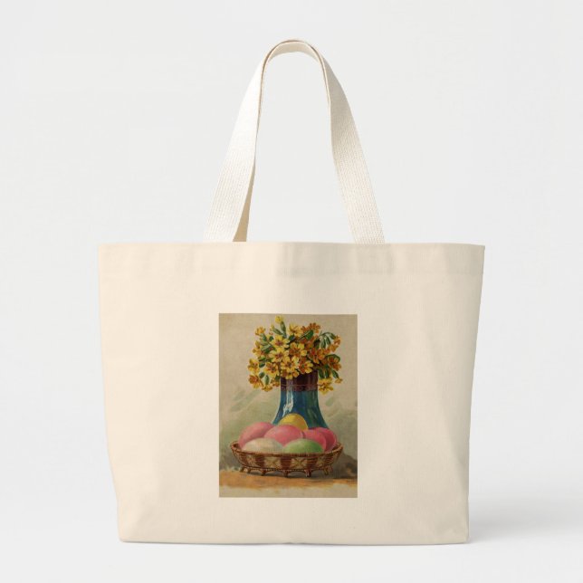 Easter Basket Eggs Flowers Antique Large Tote Bag (Front)