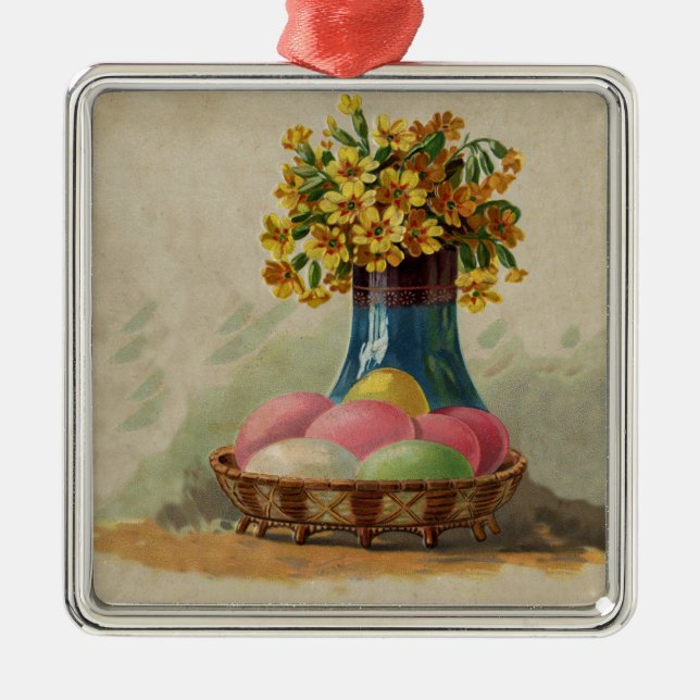 Easter Basket Eggs Flowers Antique Metal Ornament (Front)