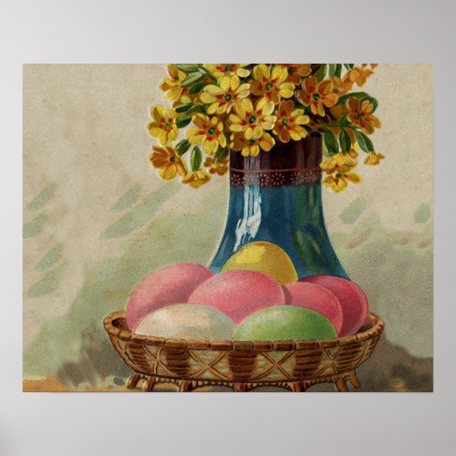 Easter Basket Eggs Flowers Antique Poster (Front)