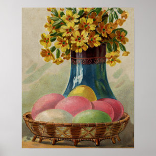 Easter Basket Eggs Flowers Antique Poster