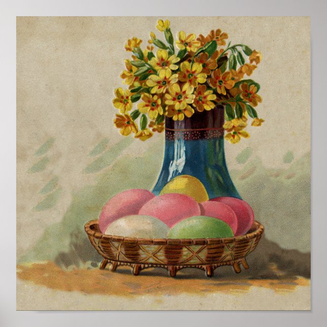 Easter Basket Eggs Flowers Antique Poster (Front)