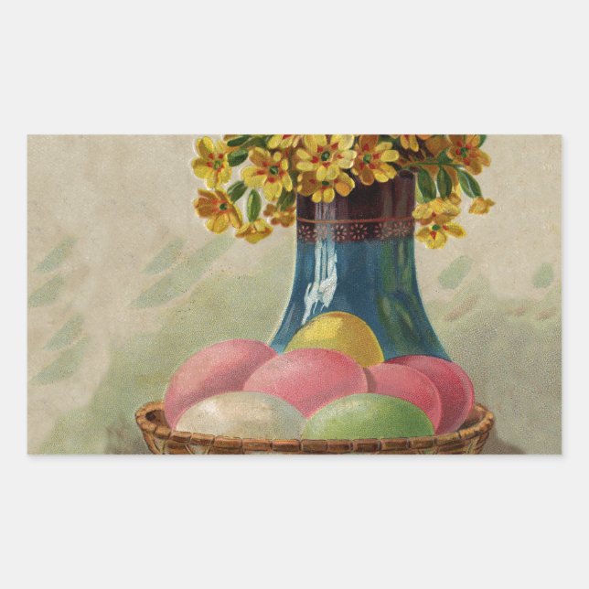 Easter Basket Eggs Flowers Antique Rectangular Sticker (Front)