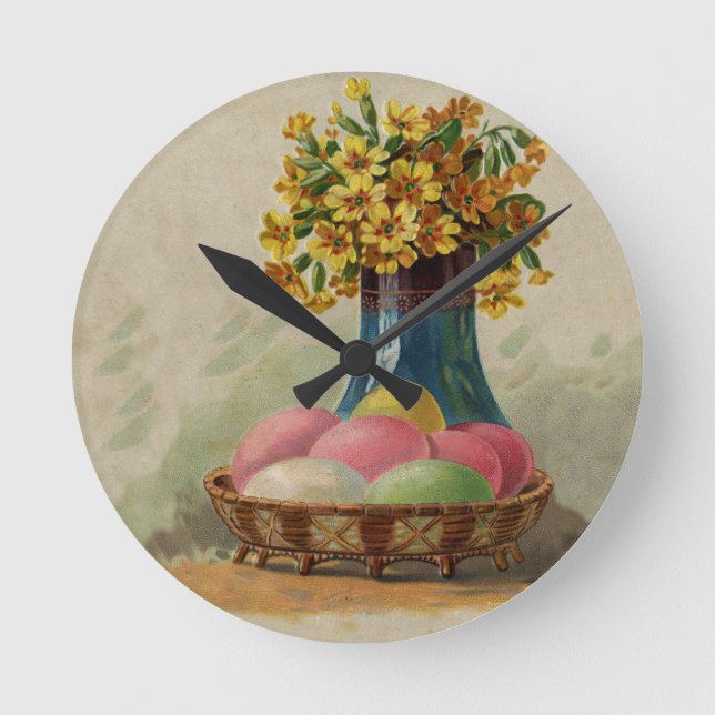 Easter Basket Eggs Flowers Antique Round Clock (Front)