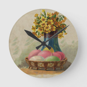 Easter Basket Eggs Flowers Antique Round Clock