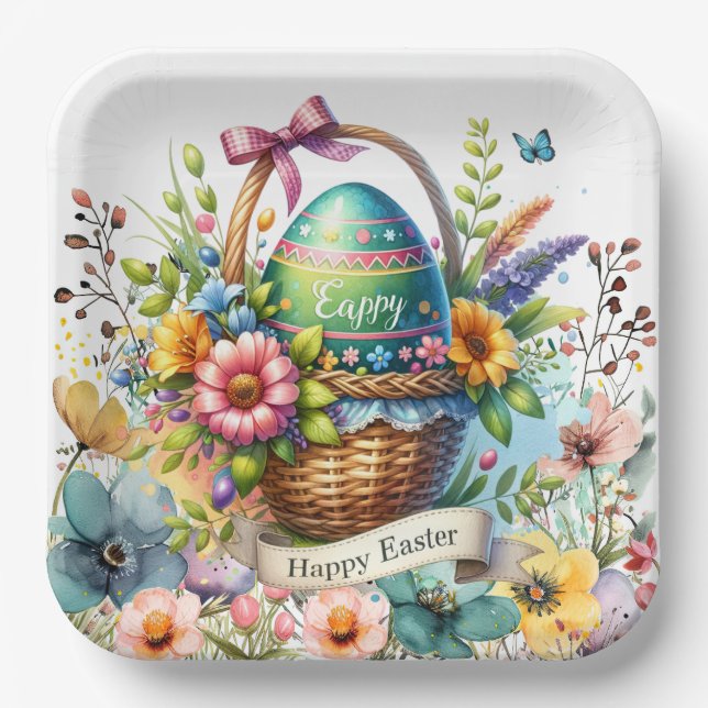 Easter Basket Eggs & Spring Flowers Paper Plates (Front)
