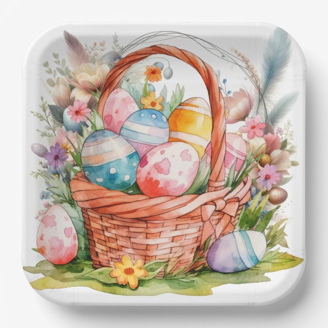 Easter Basket Eggs & Spring Flowers Paper Plates (Front)