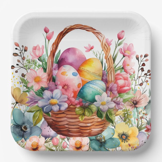 Easter Basket Eggs & Spring Flowers Paper Plates (Front)