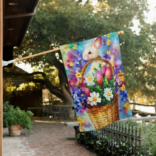 Easter Basket Flowers and Bunny Oil Painting House Flag