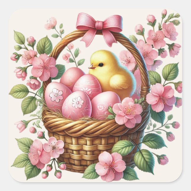 Easter Basket Pink Eggs Yellow Chick Square Sticker (Front)
