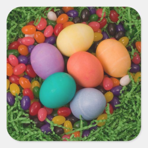 Easter Basket _ Spring Colored Eggs Jelly Beans Square Sticker