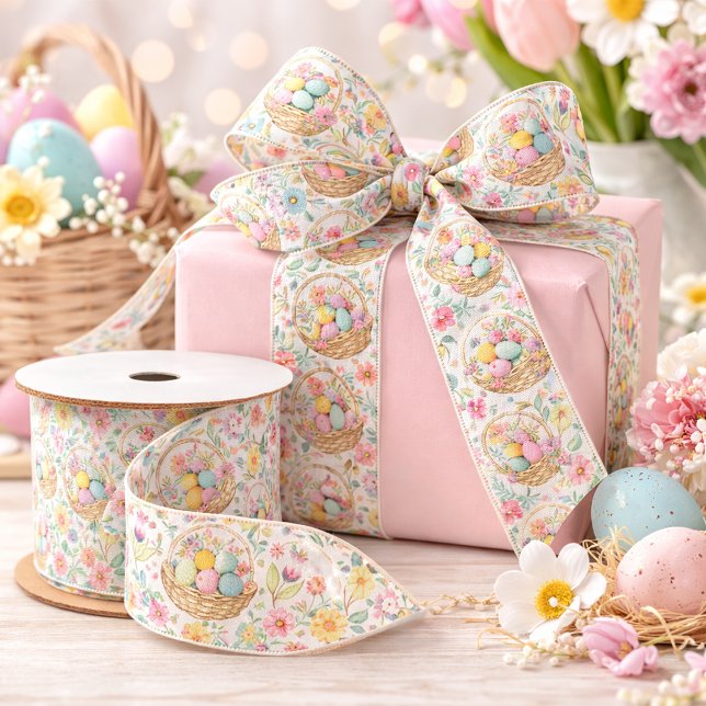 Easter Basket & Spring Floral Pattern Satin Ribbon (Creator Uploaded)