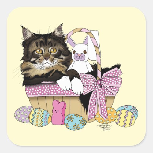 Easter Basket Tabby Kitten Square Sticker