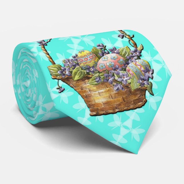 Easter Basket Turquoise Checkered Style Design Tie (Rolled)