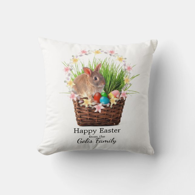 Easter Basket with Bunny Rabbit Personalized  Throw Pillow (Front)