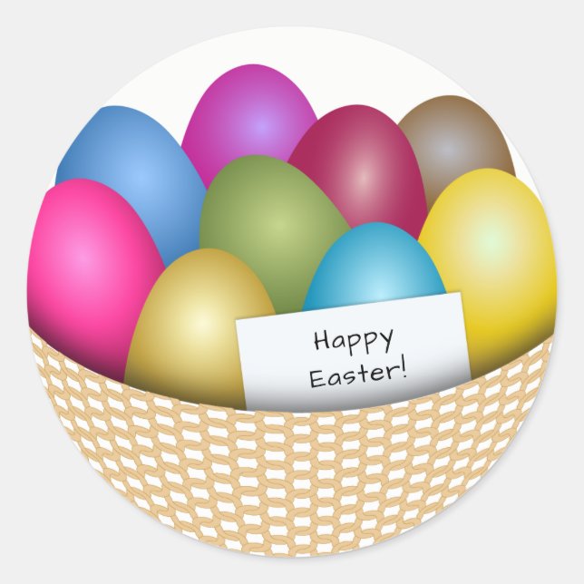 Easter Basket with Colorful Eggs Round Sticker (Front)