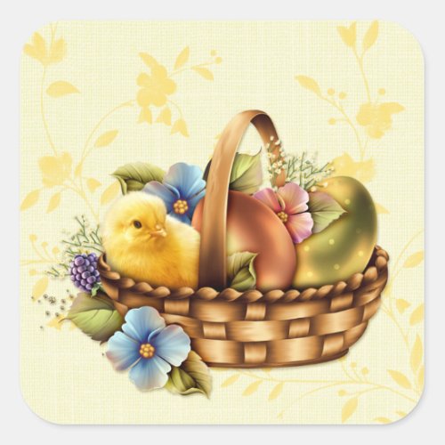 Easter Basket with Eggs and Chick Square Sticker