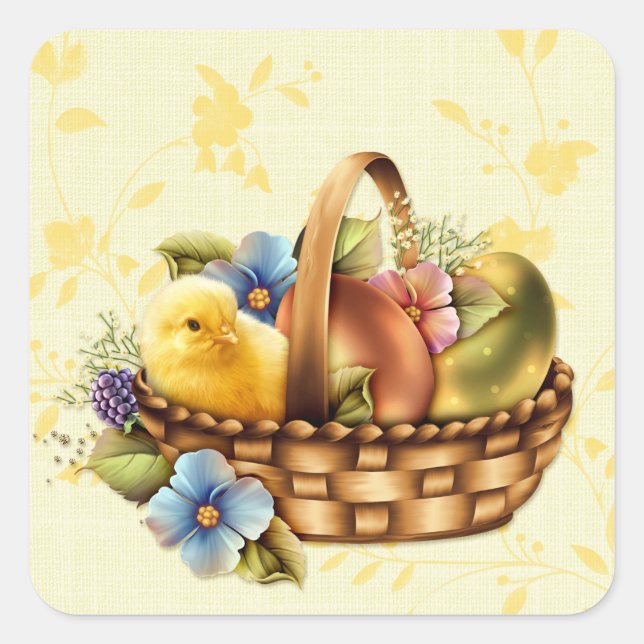 Easter Basket with Eggs and Chick Square Sticker (Front)