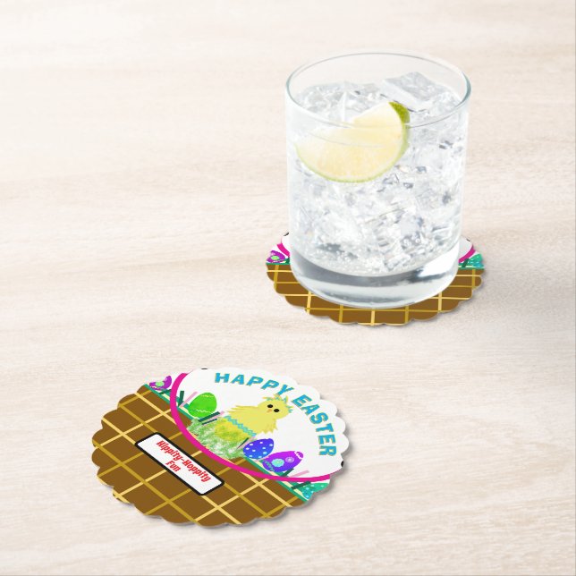 Easter Basket Yellow Blue Chick Egg Paper Coaster (Insitu)