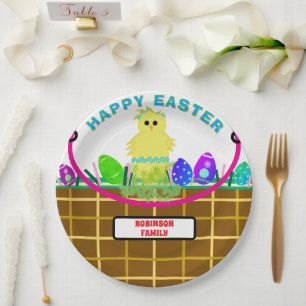 Easter Basket Yellow Blue Striped Chick Egg Paper Plates