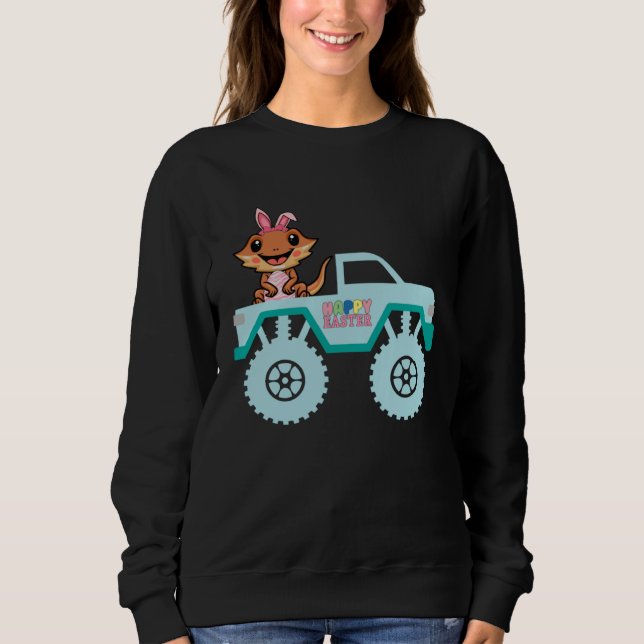 Easter Bearded Dragon Bunny Riding Monster Truck T Sweatshirt (Front)