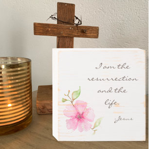 Easter Bible Verse Floral Artwork John 11:25 Jesus Wooden Box Sign