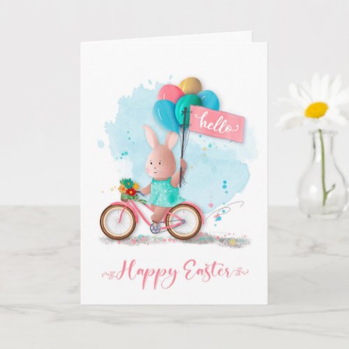Easter Bicycle Bunny with Banner and Balloons  Card